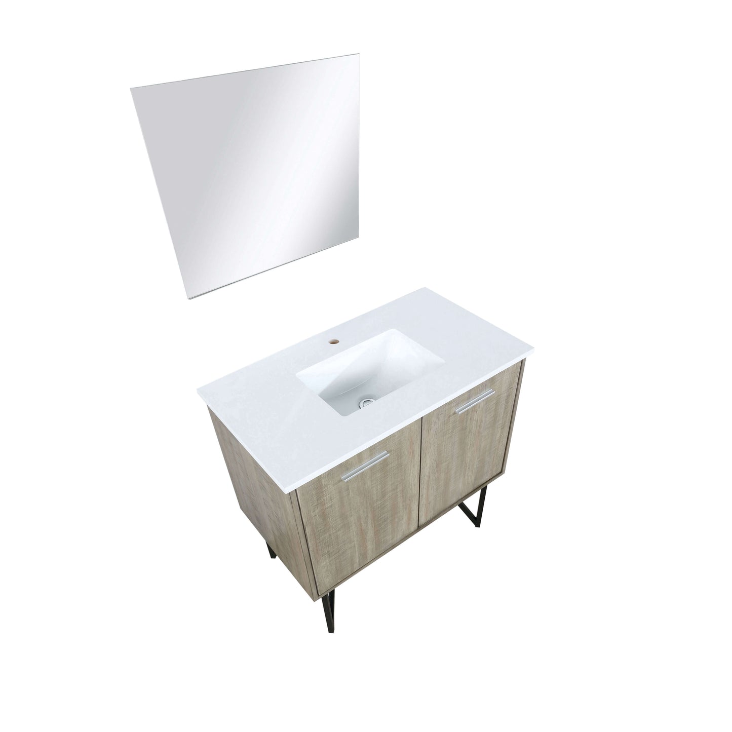 Lancy 36" Rustic Acacia Bathroom Vanity, White Quartz Top, White Square Sink, and 28" Frameless Mirror - LLC36SKSOSM28