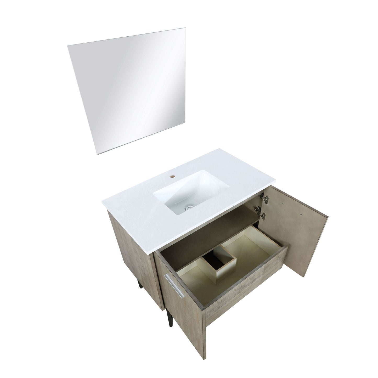 Lancy 36" Rustic Acacia Bathroom Vanity, White Quartz Top, White Square Sink, and 28" Frameless Mirror - LLC36SKSOSM28