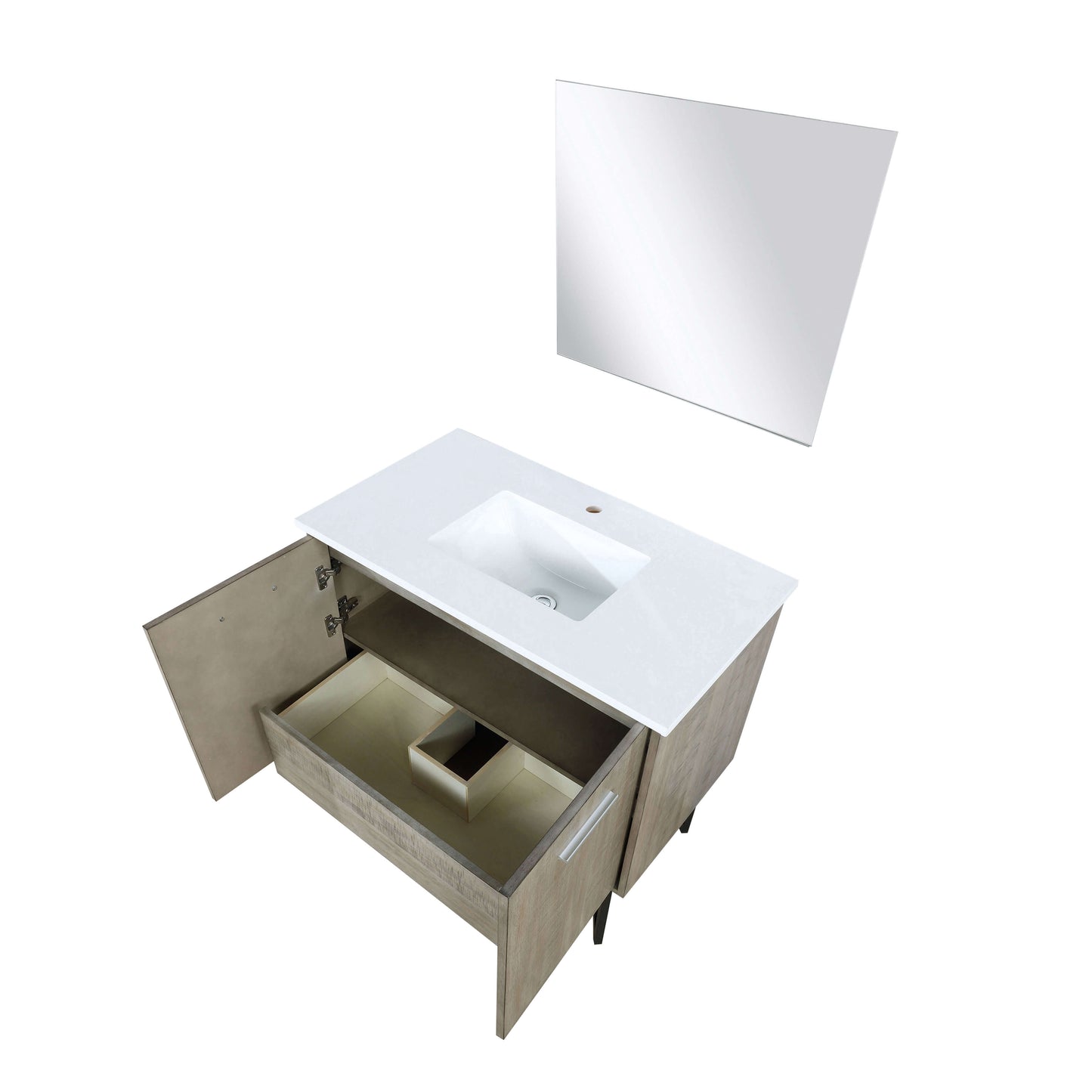 Lancy 36" Rustic Acacia Bathroom Vanity, White Quartz Top, White Square Sink, and 28" Frameless Mirror - LLC36SKSOSM28