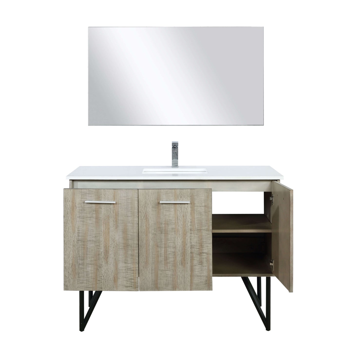 Lancy 48" Rustic Acacia Bathroom Vanity, White Quartz Top, White Square Sink, Labaro Brushed Nickel Faucet Set, and 43" Frameless Mirror - LLC48SKSOSM43FCH