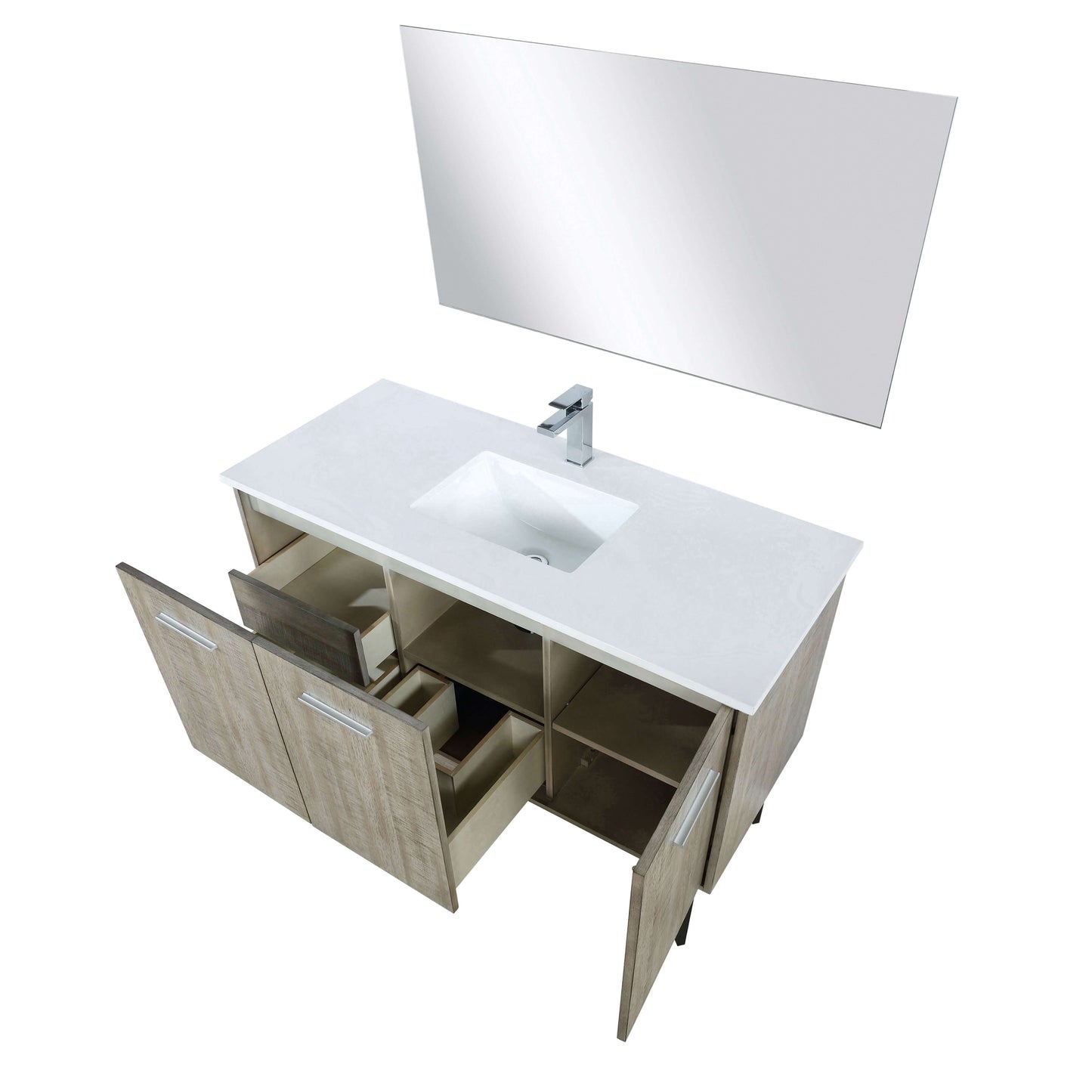 Lancy 48" Rustic Acacia Bathroom Vanity, White Quartz Top, White Square Sink, Labaro Brushed Nickel Faucet Set, and 43" Frameless Mirror - LLC48SKSOSM43FCH