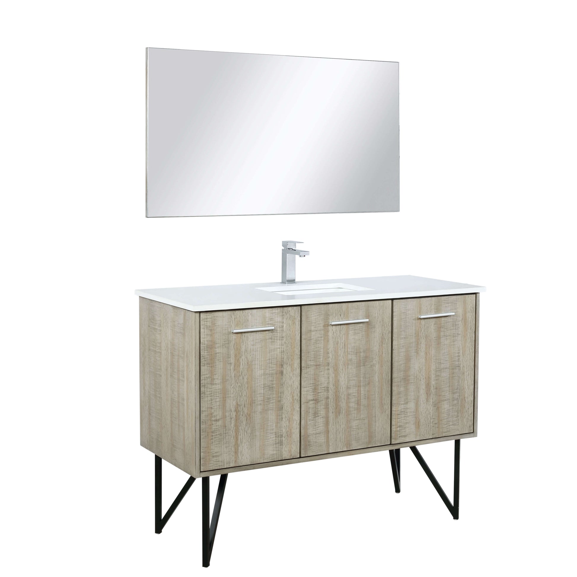 Lancy 48" Rustic Acacia Bathroom Vanity, White Quartz Top, White Square Sink, Labaro Brushed Nickel Faucet Set, and 43" Frameless Mirror - LLC48SKSOSM43FCH