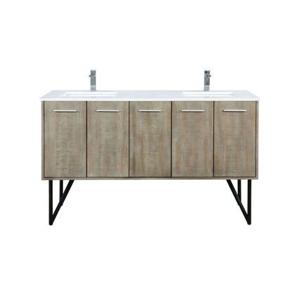Lancy 60" Rustic Acacia Double Bathroom Vanity, White Quartz Top, White Square Sinks, and Labaro Brushed Nickel Faucet Set - LLC60DKSOS000FCH