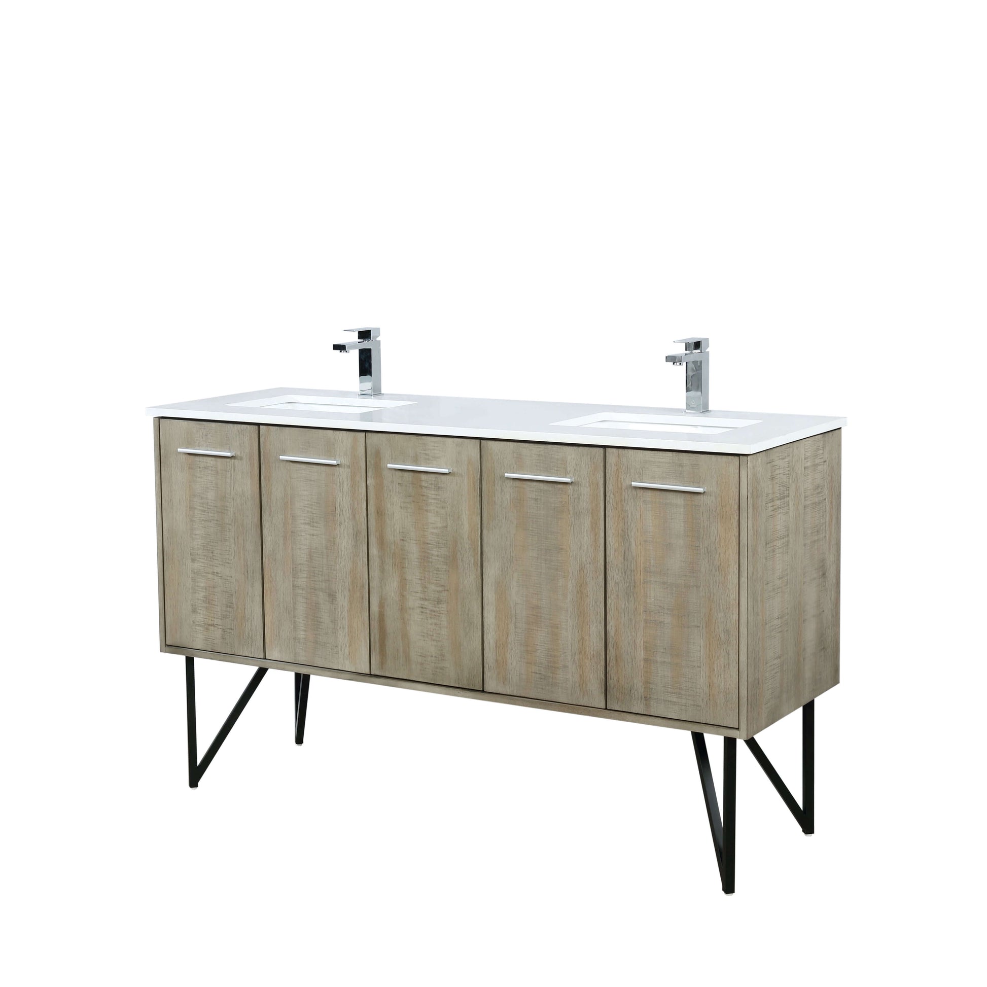 Lancy 60" Rustic Acacia Double Bathroom Vanity, White Quartz Top, White Square Sinks, and Labaro Brushed Nickel Faucet Set - LLC60DKSOS000FCH