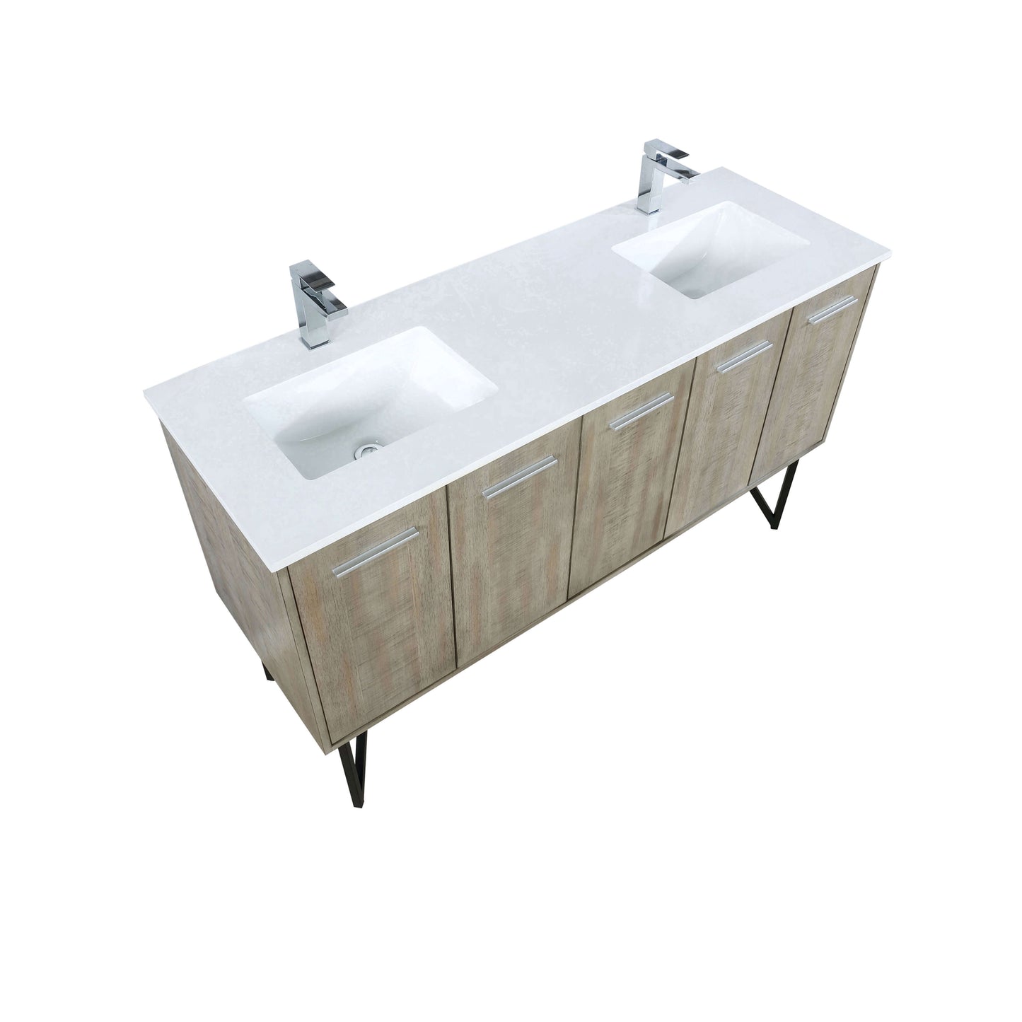 Lancy 60" Rustic Acacia Double Bathroom Vanity, White Quartz Top, White Square Sinks, and Labaro Brushed Nickel Faucet Set - LLC60DKSOS000FCH