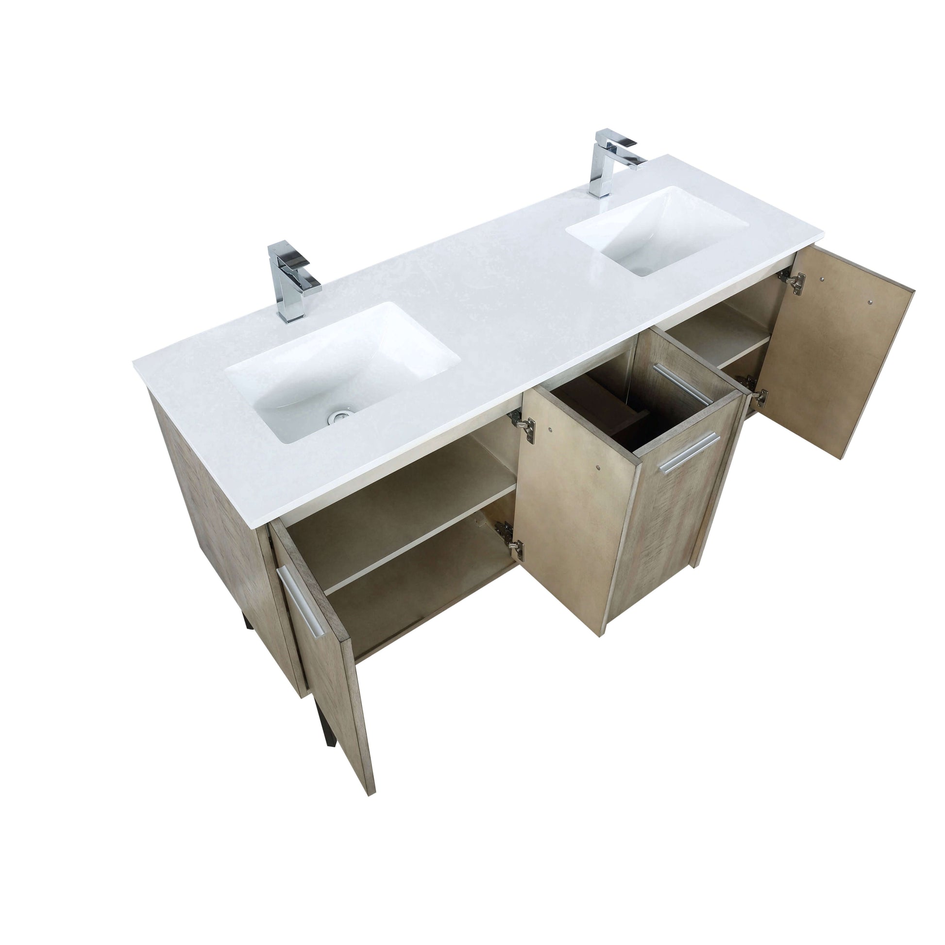 Lancy 60" Rustic Acacia Double Bathroom Vanity, White Quartz Top, White Square Sinks, and Labaro Brushed Nickel Faucet Set - LLC60DKSOS000FCH