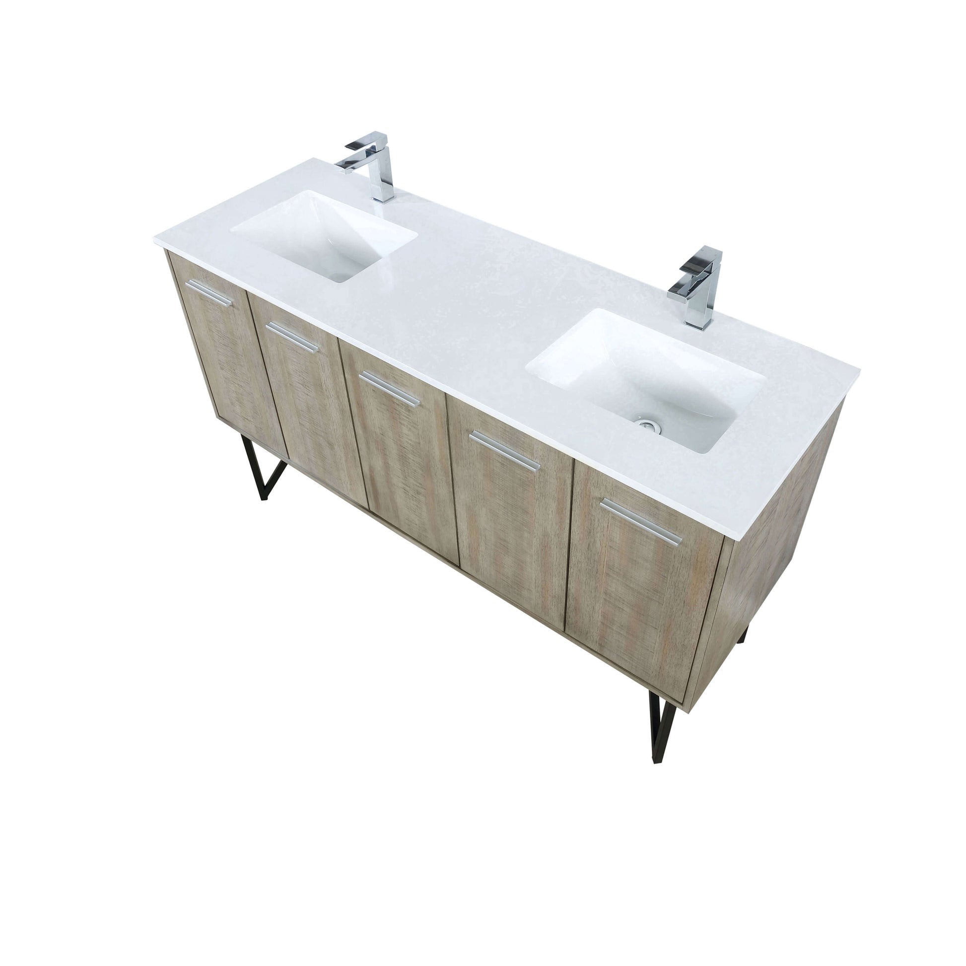 Lancy 60" Rustic Acacia Double Bathroom Vanity, White Quartz Top, White Square Sinks, and Labaro Brushed Nickel Faucet Set - LLC60DKSOS000FCH