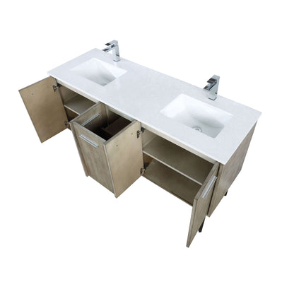 Lancy 60" Rustic Acacia Double Bathroom Vanity, White Quartz Top, White Square Sinks, and Labaro Brushed Nickel Faucet Set - LLC60DKSOS000FCH