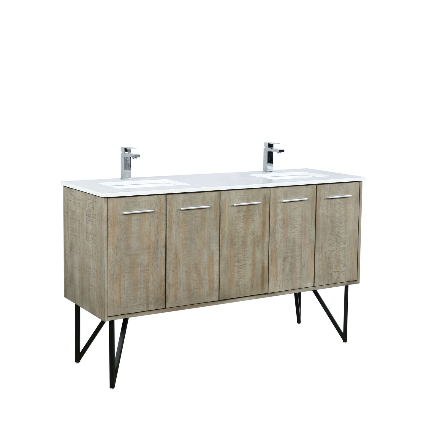 Lancy 60" Rustic Acacia Double Bathroom Vanity, White Quartz Top, White Square Sinks, and Labaro Brushed Nickel Faucet Set - LLC60DKSOS000FCH