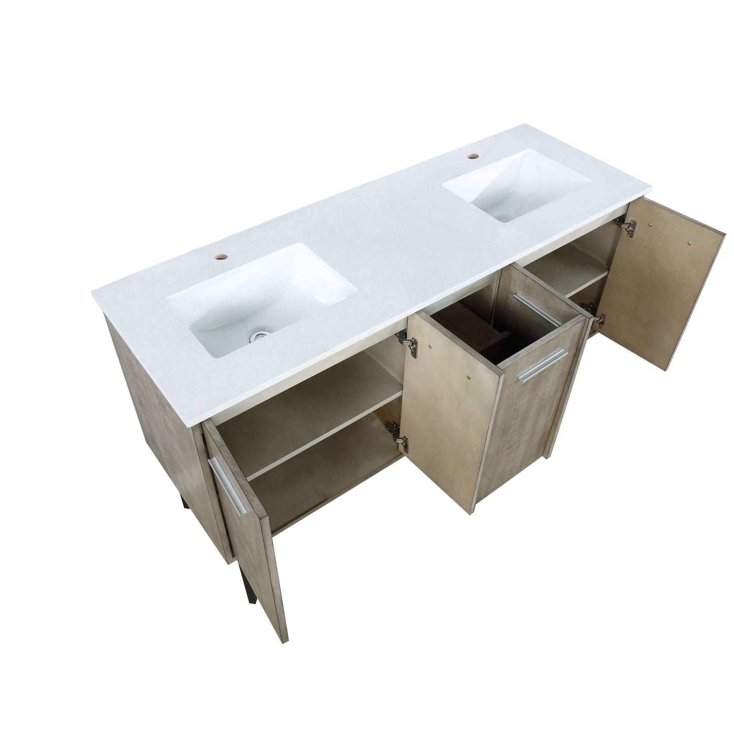 Lancy 60" Rustic Acacia Double Bathroom Vanity, White Quartz Top, and White Square Sinks - LLC60DKSOS000