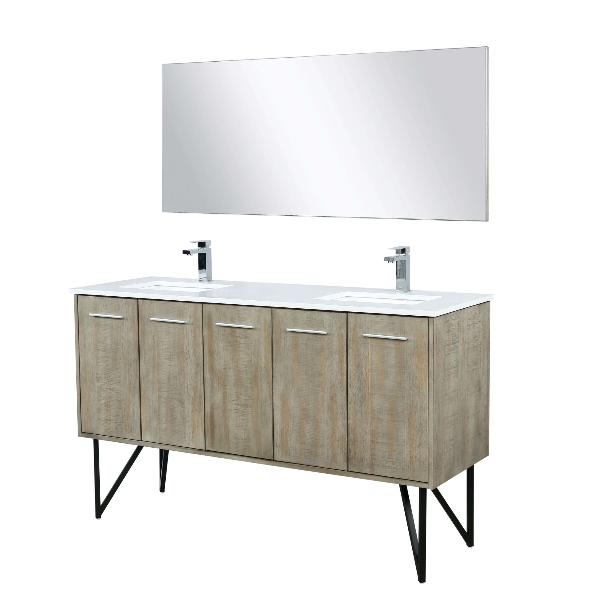 Lancy 60" Rustic Acacia Double Bathroom Vanity, White Quartz Top, White Square Sinks, Labaro Brushed Nickel Faucet Set, and 55" Frameless Mirror - LLC60DKSOSM55FCH