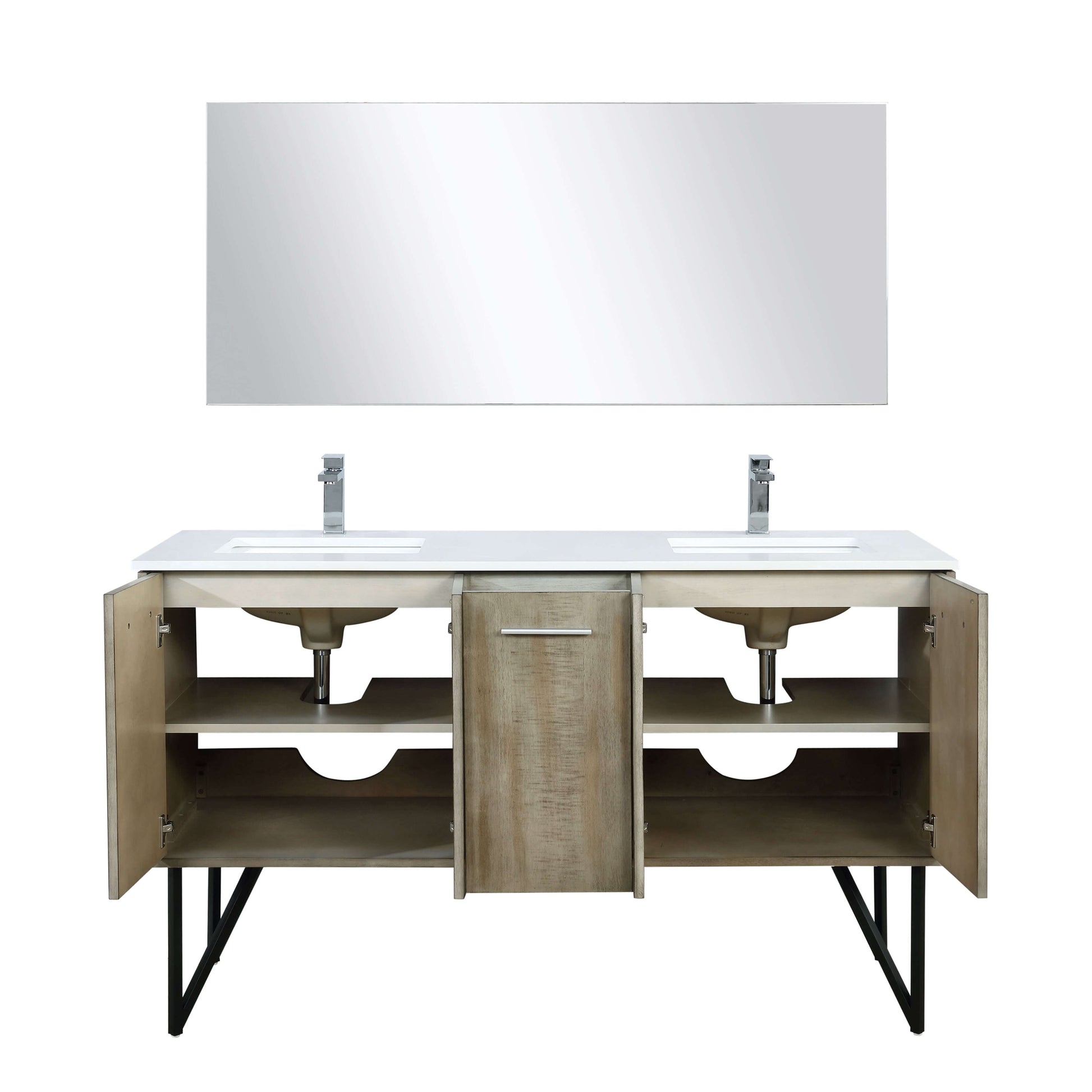 Lancy 60" Rustic Acacia Double Bathroom Vanity, White Quartz Top, White Square Sinks, Labaro Brushed Nickel Faucet Set, and 55" Frameless Mirror - LLC60DKSOSM55FCH