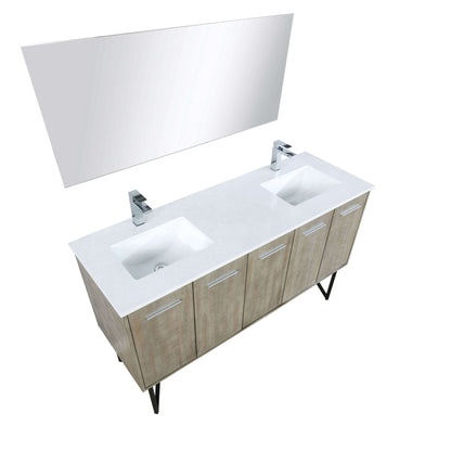 Lancy 60" Rustic Acacia Double Bathroom Vanity, White Quartz Top, White Square Sinks, Labaro Brushed Nickel Faucet Set, and 55" Frameless Mirror - LLC60DKSOSM55FCH