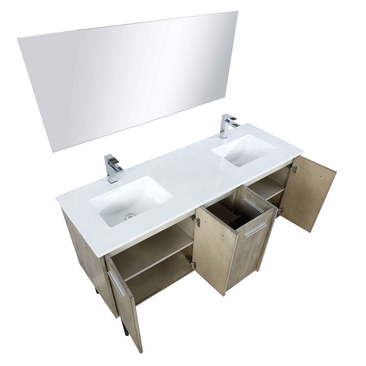 Lancy 60" Rustic Acacia Double Bathroom Vanity, White Quartz Top, White Square Sinks, Labaro Brushed Nickel Faucet Set, and 55" Frameless Mirror - LLC60DKSOSM55FCH