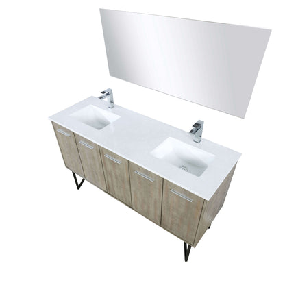 Lancy 60" Rustic Acacia Double Bathroom Vanity, White Quartz Top, White Square Sinks, Labaro Brushed Nickel Faucet Set, and 55" Frameless Mirror - LLC60DKSOSM55FCH