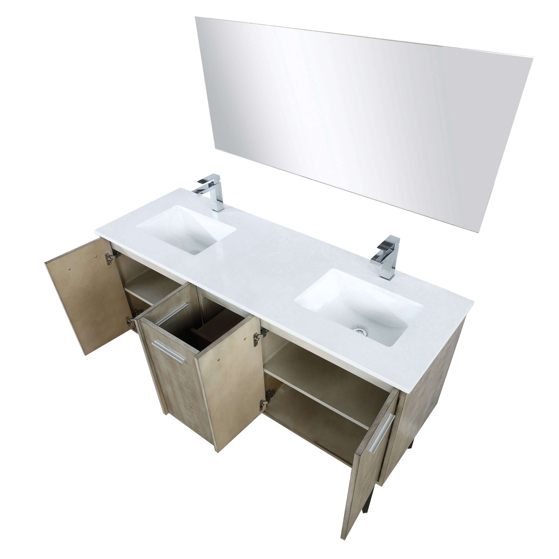 Lancy 60" Rustic Acacia Double Bathroom Vanity, White Quartz Top, White Square Sinks, Labaro Brushed Nickel Faucet Set, and 55" Frameless Mirror - LLC60DKSOSM55FCH