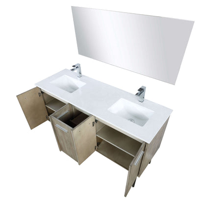 Lancy 60" Rustic Acacia Double Bathroom Vanity, White Quartz Top, White Square Sinks, Labaro Brushed Nickel Faucet Set, and 55" Frameless Mirror - LLC60DKSOSM55FCH