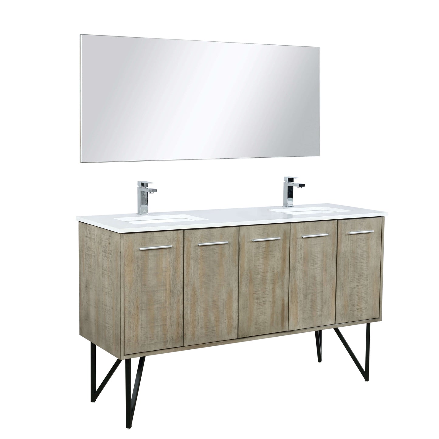 Lancy 60" Rustic Acacia Double Bathroom Vanity, White Quartz Top, White Square Sinks, Labaro Brushed Nickel Faucet Set, and 55" Frameless Mirror - LLC60DKSOSM55FCH