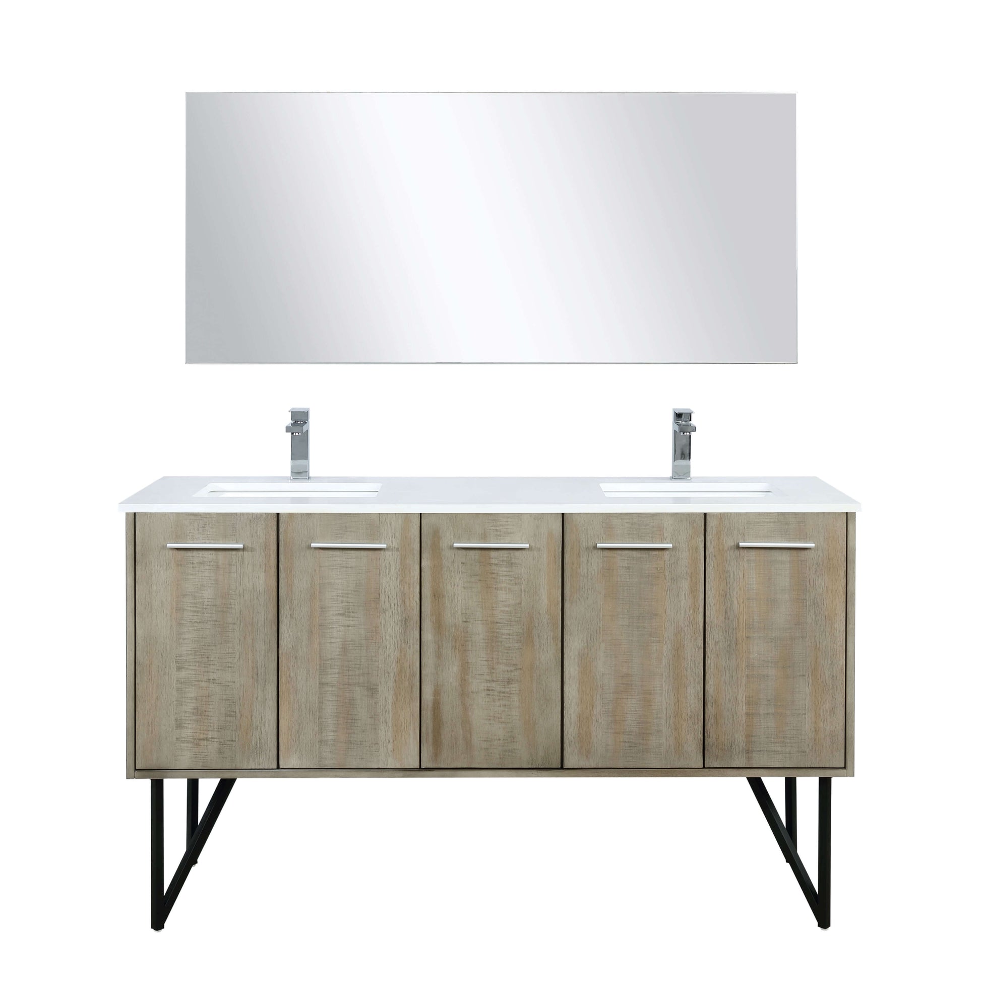 Lancy 60" Rustic Acacia Double Bathroom Vanity, White Quartz Top, White Square Sinks, Labaro Brushed Nickel Faucet Set, and 55" Frameless Mirror - LLC60DKSOSM55FCH