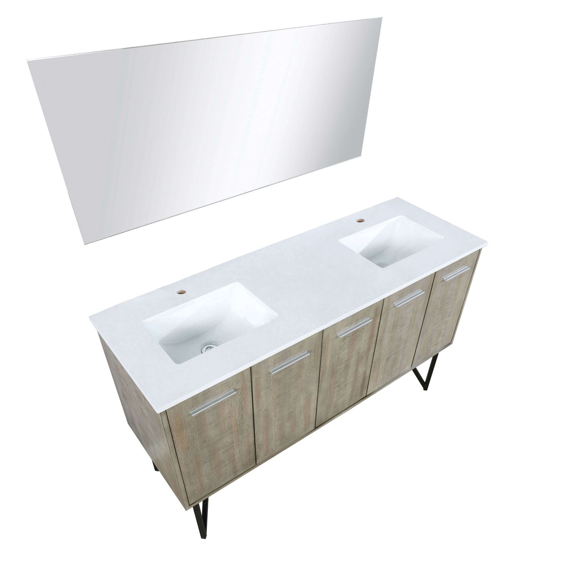 Lancy 60" Rustic Acacia Double Bathroom Vanity, White Quartz Top, White Square Sinks, and 55" Frameless Mirror - LLC60DKSOSM55