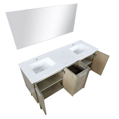 Lancy 60" Rustic Acacia Double Bathroom Vanity, White Quartz Top, White Square Sinks, and 55" Frameless Mirror - LLC60DKSOSM55