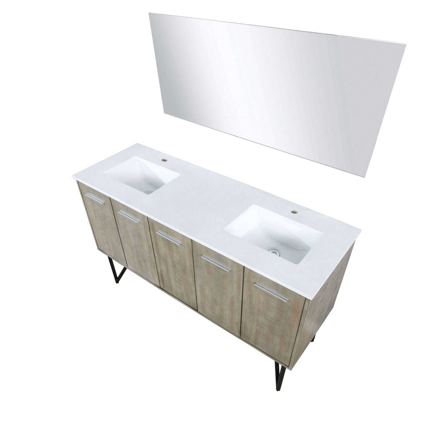 Lancy 60" Rustic Acacia Double Bathroom Vanity, White Quartz Top, White Square Sinks, and 55" Frameless Mirror - LLC60DKSOSM55