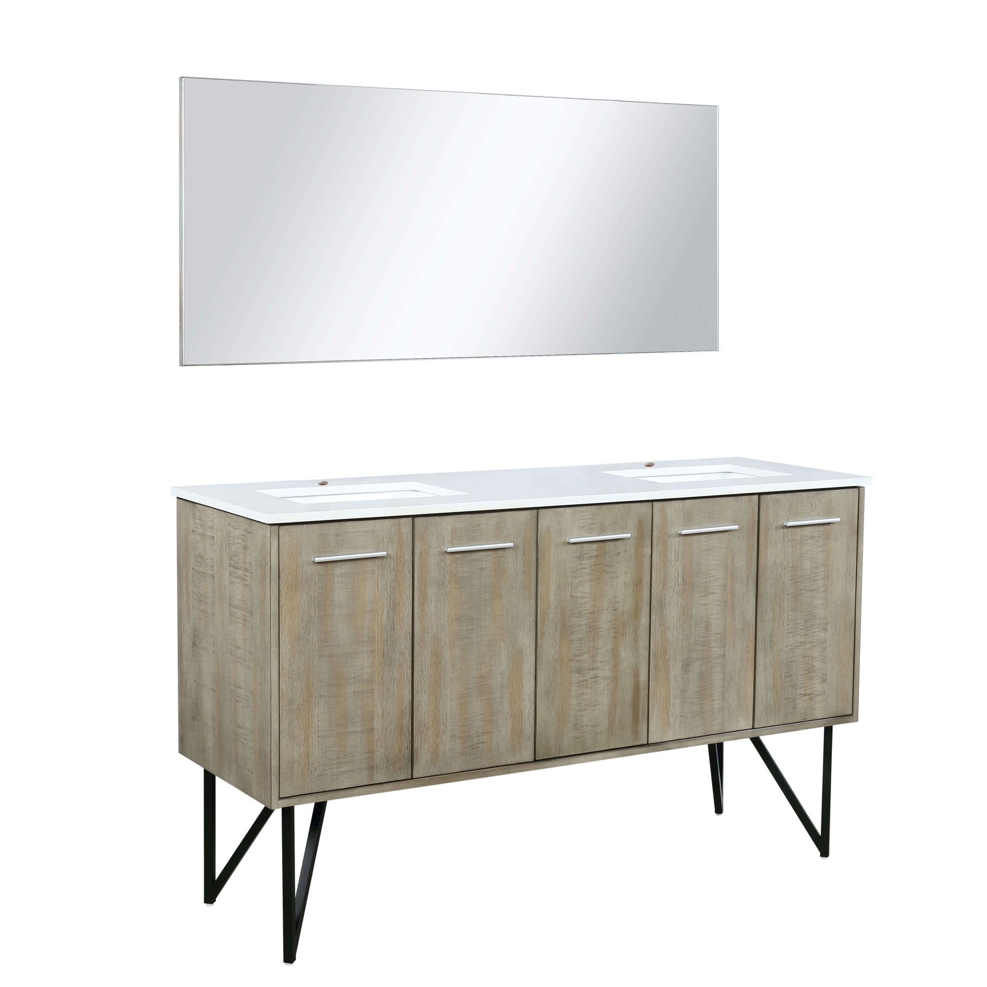 Lancy 60" Rustic Acacia Double Bathroom Vanity, White Quartz Top, White Square Sinks, and 55" Frameless Mirror - LLC60DKSOSM55