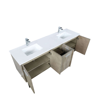 Lancy 72" Rustic Acacia Double Bathroom Vanity, White Quartz Top, White Square Sinks, and Labaro Brushed Nickel Faucet Set - LLC72DKSOS000FCH