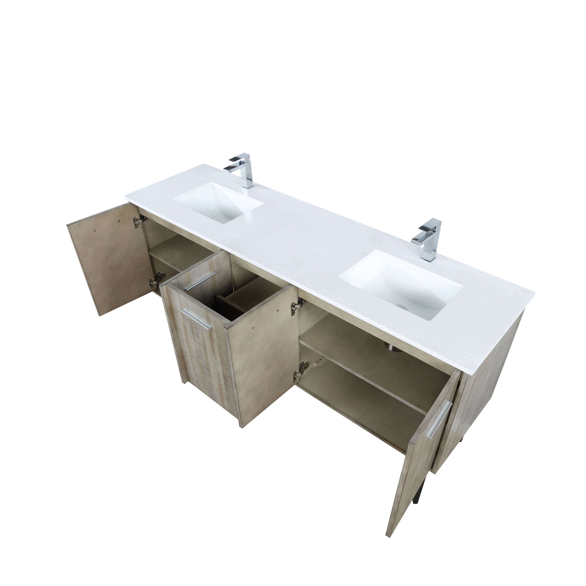 Lancy 72" Rustic Acacia Double Bathroom Vanity, White Quartz Top, White Square Sinks, and Labaro Brushed Nickel Faucet Set - LLC72DKSOS000FCH