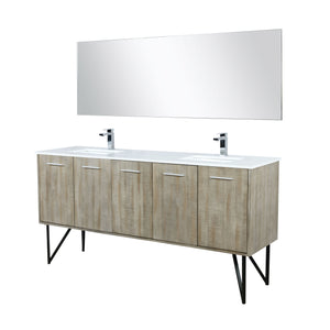 Lancy 72" Rustic Acacia Double Bathroom Vanity, White Quartz Top, White Square Sinks, Labaro Brushed Nickel Faucet Set, and 70" Frameless Mirror - LLC72DKSOSM70FCH