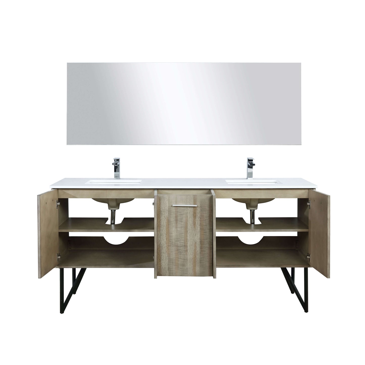 Lancy 72" Rustic Acacia Double Bathroom Vanity, White Quartz Top, White Square Sinks, Labaro Brushed Nickel Faucet Set, and 70" Frameless Mirror - LLC72DKSOSM70FCH