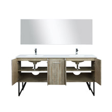 Load image into Gallery viewer, Lancy 72&quot; Rustic Acacia Double Bathroom Vanity, White Quartz Top, White Square Sinks, Labaro Brushed Nickel Faucet Set, and 70&quot; Frameless Mirror - LLC72DKSOSM70FCH