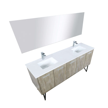 Lancy 72" Rustic Acacia Double Bathroom Vanity, White Quartz Top, White Square Sinks, Labaro Brushed Nickel Faucet Set, and 70" Frameless Mirror - LLC72DKSOSM70FCH