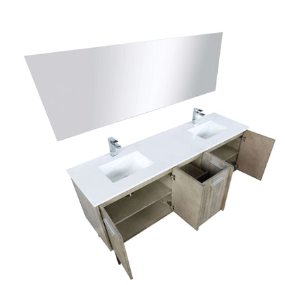 Lancy 72" Rustic Acacia Double Bathroom Vanity, White Quartz Top, White Square Sinks, Labaro Brushed Nickel Faucet Set, and 70" Frameless Mirror - LLC72DKSOSM70FCH