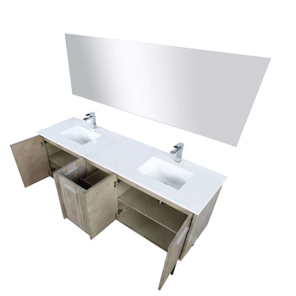 Lancy 72" Rustic Acacia Double Bathroom Vanity, White Quartz Top, White Square Sinks, Labaro Brushed Nickel Faucet Set, and 70" Frameless Mirror - LLC72DKSOSM70FCH