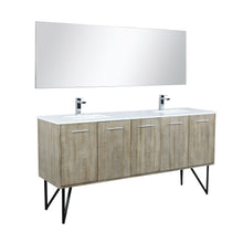 Load image into Gallery viewer, Lancy 72&quot; Rustic Acacia Double Bathroom Vanity, White Quartz Top, White Square Sinks, Labaro Brushed Nickel Faucet Set, and 70&quot; Frameless Mirror - LLC72DKSOSM70FCH