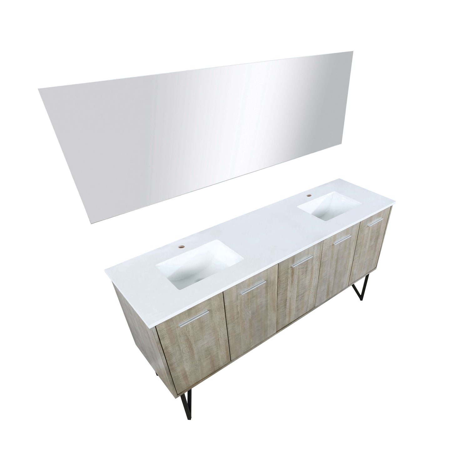 Lancy 72" Rustic Acacia Double Bathroom Vanity, White Quartz Top, White Square Sinks, and 70" Frameless Mirror - LLC72DKSOSM70