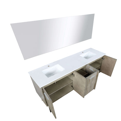 Lancy 72" Rustic Acacia Double Bathroom Vanity, White Quartz Top, White Square Sinks, and 70" Frameless Mirror - LLC72DKSOSM70