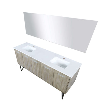 Lancy 72" Rustic Acacia Double Bathroom Vanity, White Quartz Top, White Square Sinks, and 70" Frameless Mirror - LLC72DKSOSM70