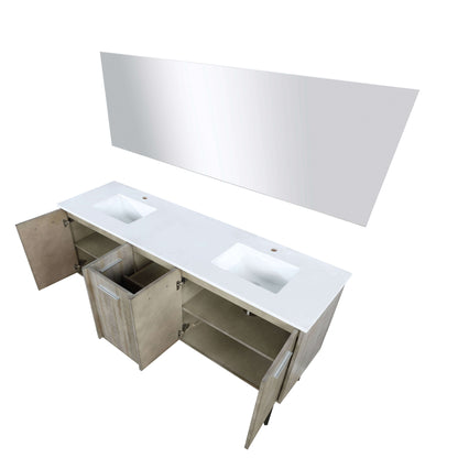 Lancy 72" Rustic Acacia Double Bathroom Vanity, White Quartz Top, White Square Sinks, and 70" Frameless Mirror - LLC72DKSOSM70