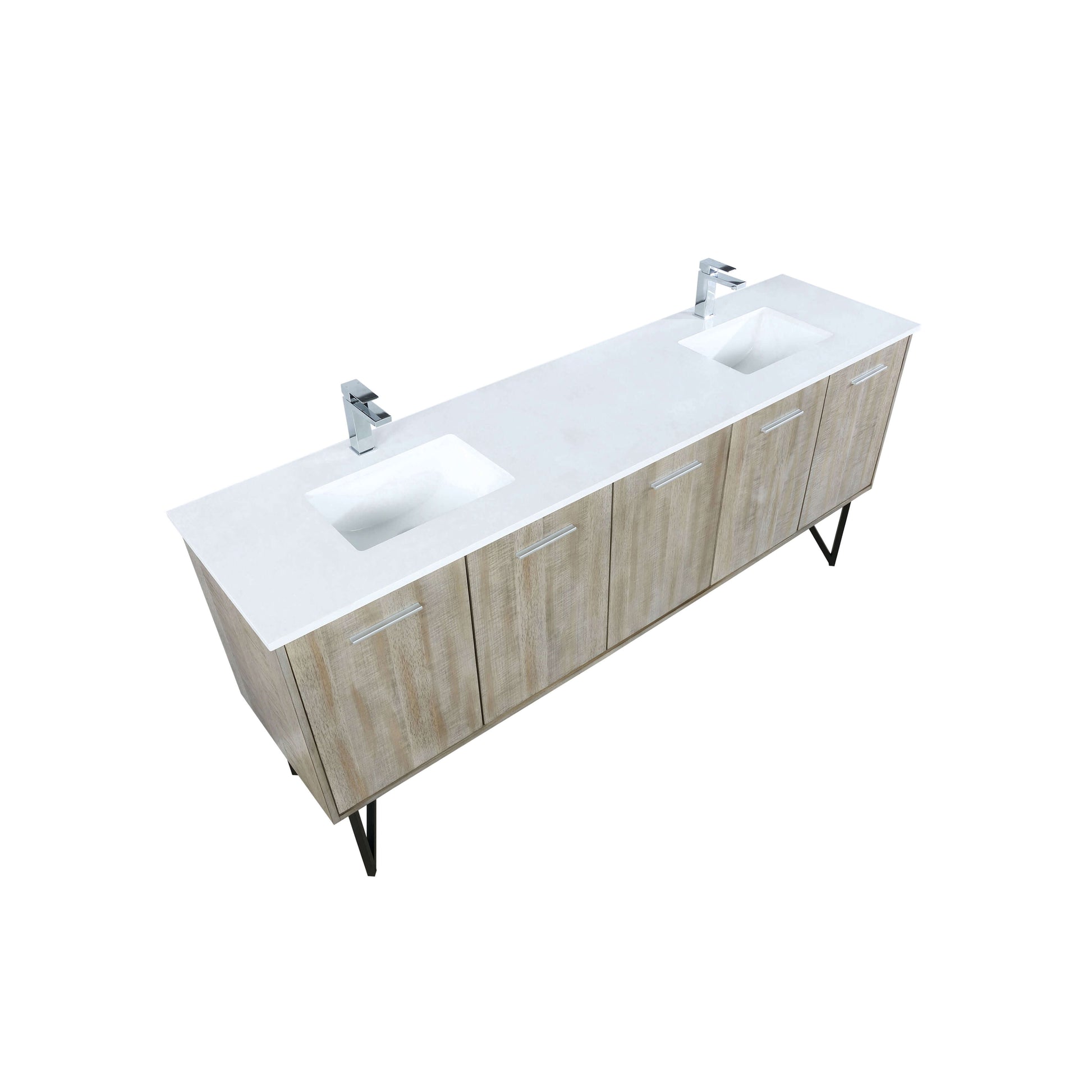 Lancy 80" Rustic Acacia Double Bathroom Vanity, White Quartz Top, White Square Sinks, and Labaro Brushed Nickel Faucet Set - LLC80DKSOS000FCH