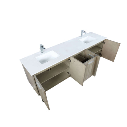 Lancy 80" Rustic Acacia Double Bathroom Vanity, White Quartz Top, White Square Sinks, and Labaro Brushed Nickel Faucet Set - LLC80DKSOS000FCH