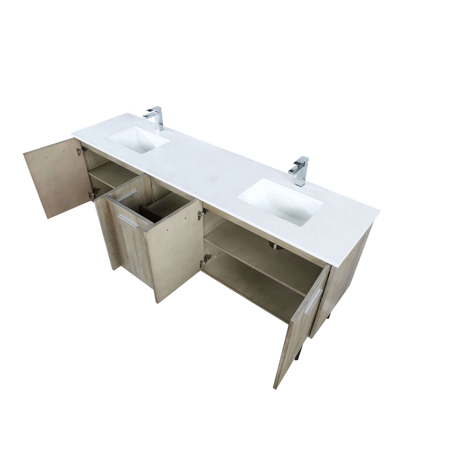 Lancy 80" Rustic Acacia Double Bathroom Vanity, White Quartz Top, White Square Sinks, and Labaro Brushed Nickel Faucet Set - LLC80DKSOS000FCH