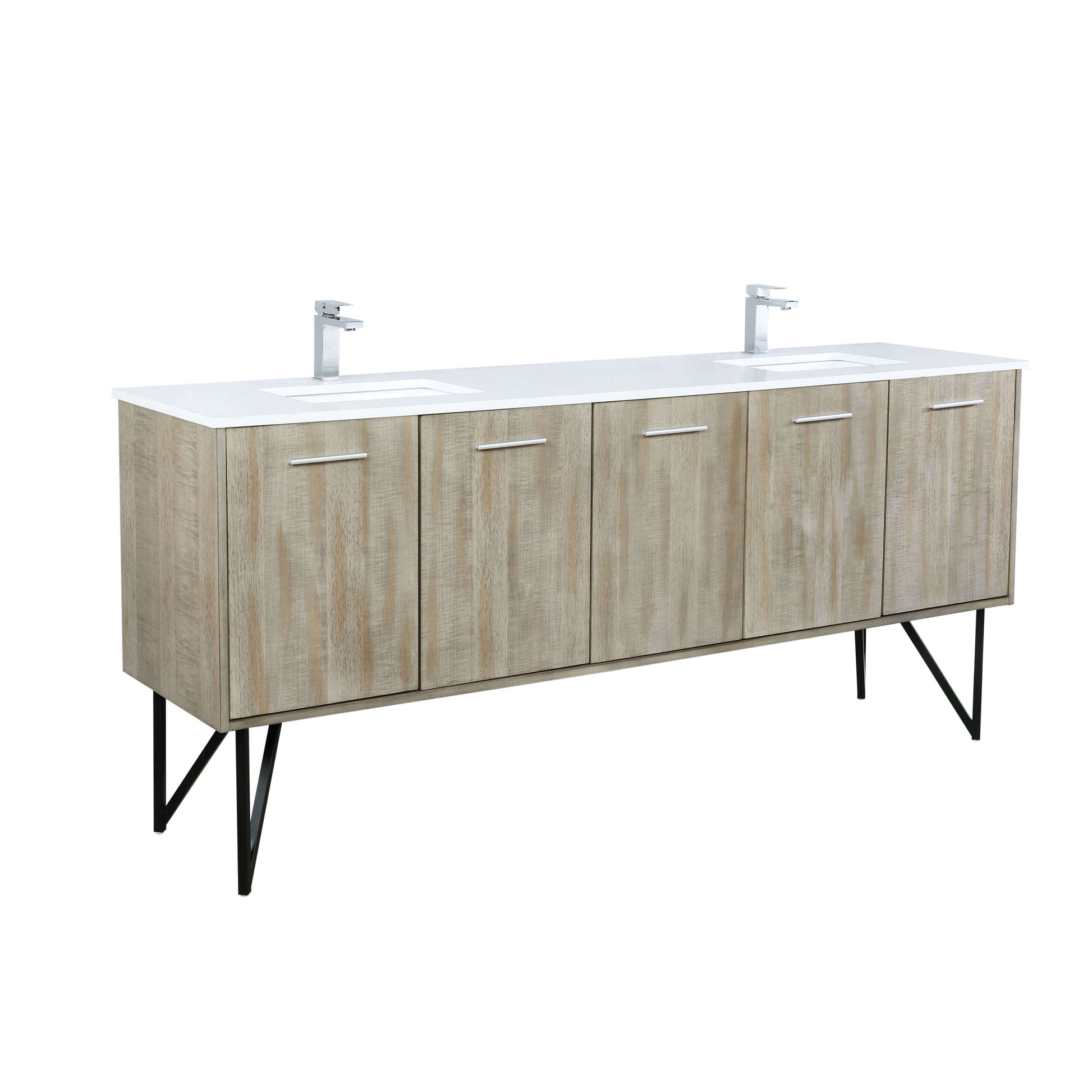 Lancy 80" Rustic Acacia Double Bathroom Vanity, White Quartz Top, White Square Sinks, and Labaro Brushed Nickel Faucet Set - LLC80DKSOS000FCH