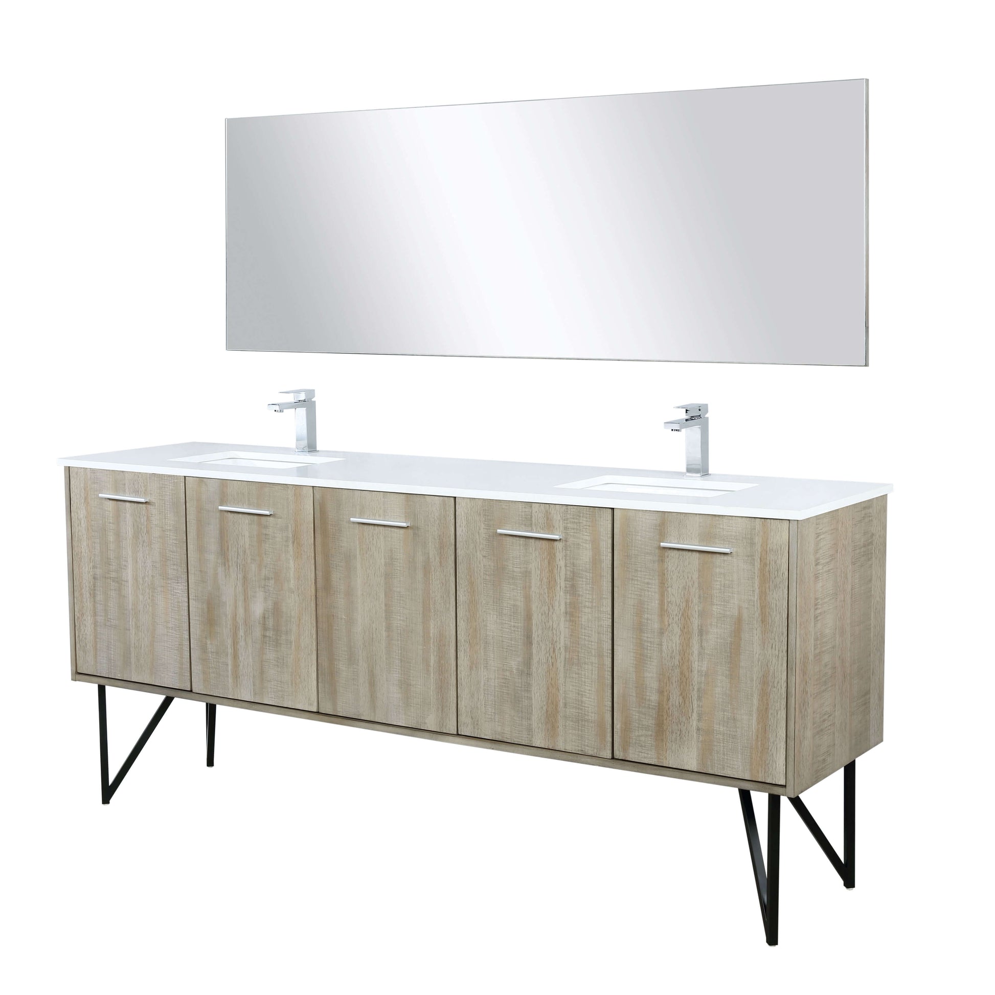 Lancy 80" Rustic Acacia Double Bathroom Vanity, White Quartz Top, White Square Sinks, Labaro Brushed Nickel Faucet Set, and 70" Frameless Mirror - LLC80DKSOSM70FCH