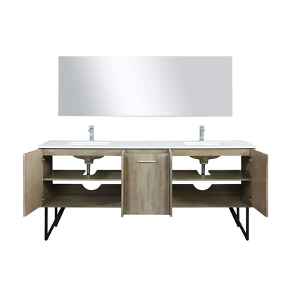 Lancy 80" Rustic Acacia Double Bathroom Vanity, White Quartz Top, White Square Sinks, Labaro Brushed Nickel Faucet Set, and 70" Frameless Mirror - LLC80DKSOSM70FCH