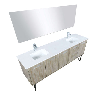 Lancy 80" Rustic Acacia Double Bathroom Vanity, White Quartz Top, White Square Sinks, Labaro Brushed Nickel Faucet Set, and 70" Frameless Mirror - LLC80DKSOSM70FCH