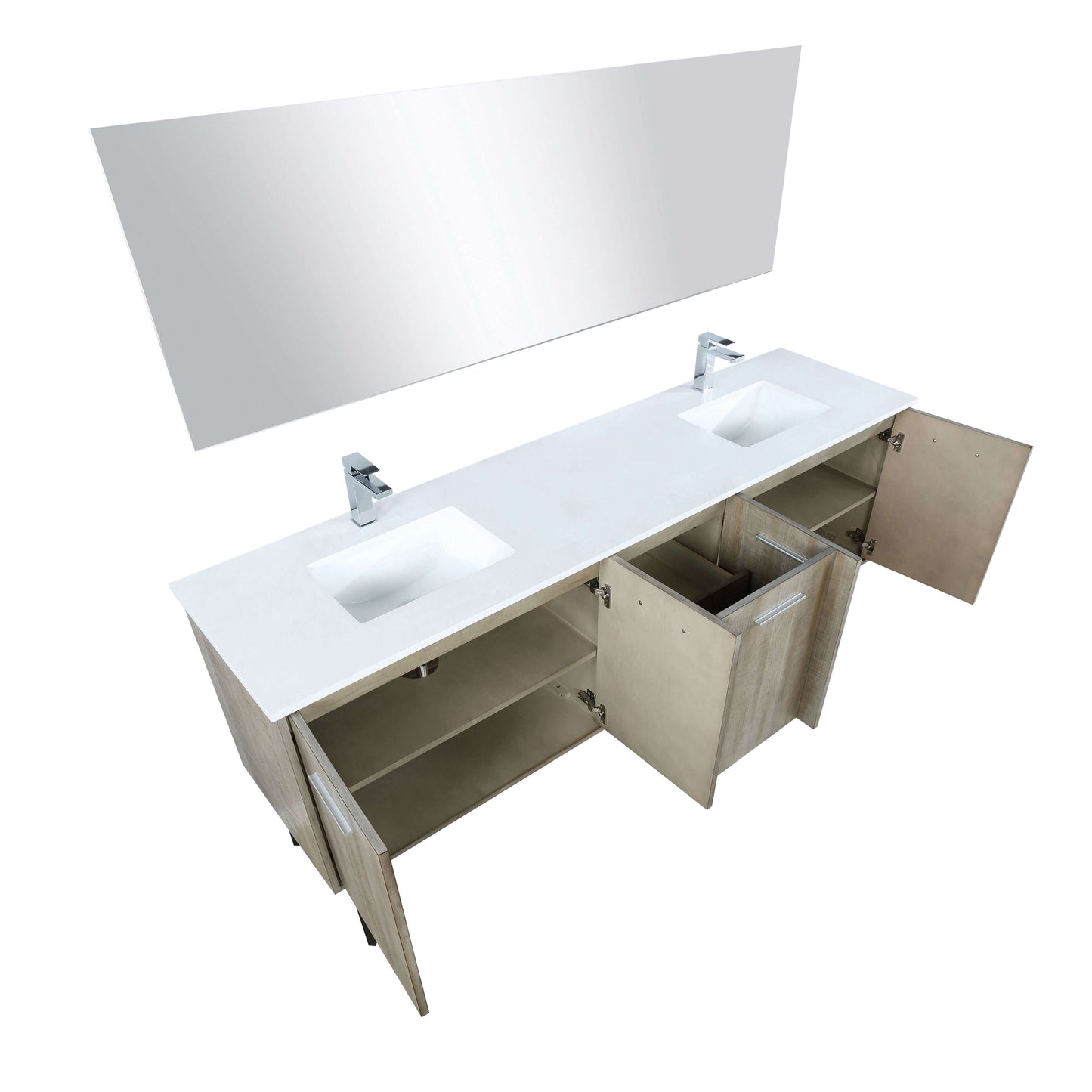 Lancy 80" Rustic Acacia Double Bathroom Vanity, White Quartz Top, White Square Sinks, Labaro Brushed Nickel Faucet Set, and 70" Frameless Mirror - LLC80DKSOSM70FCH