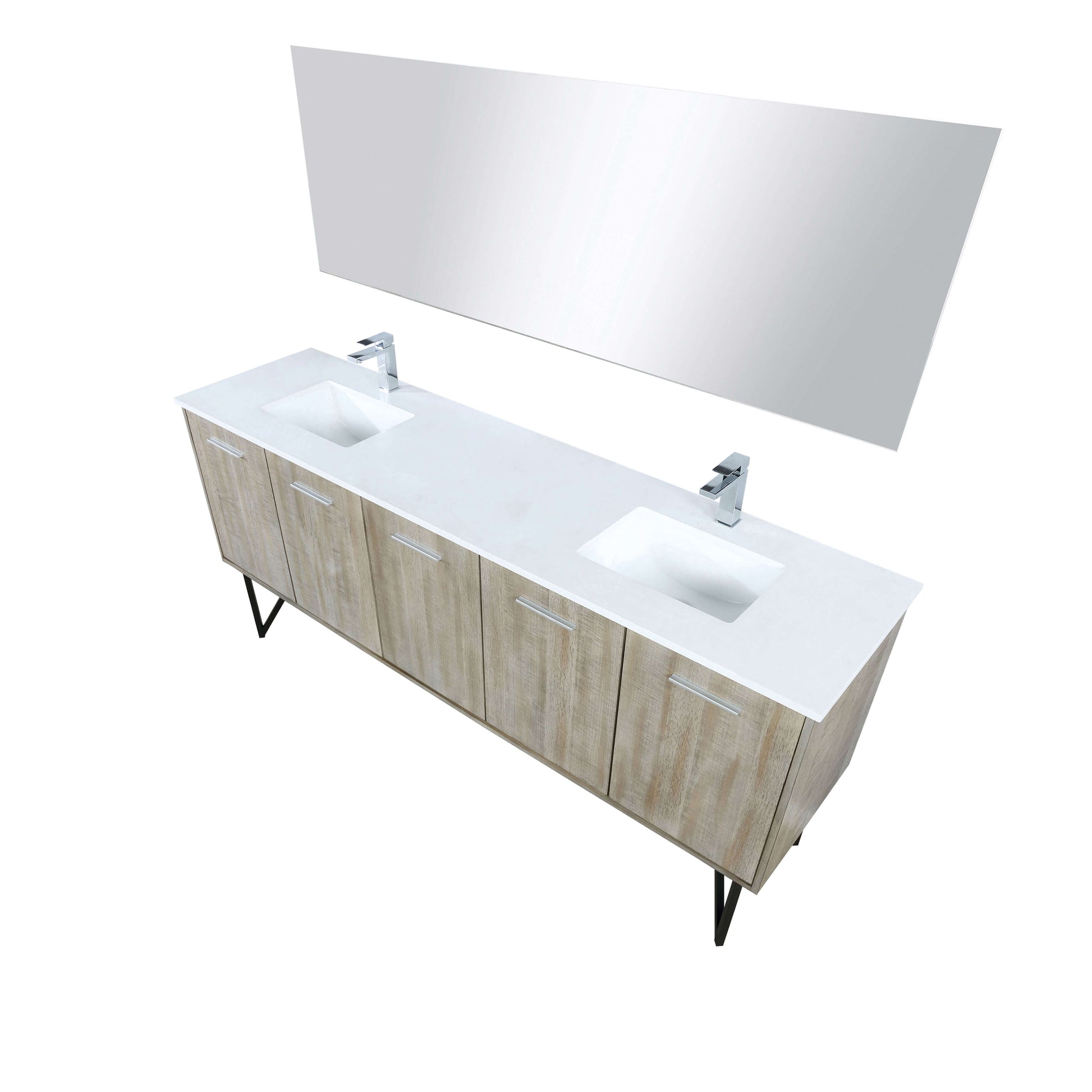 Lancy 80" Rustic Acacia Double Bathroom Vanity, White Quartz Top, White Square Sinks, Labaro Brushed Nickel Faucet Set, and 70" Frameless Mirror - LLC80DKSOSM70FCH