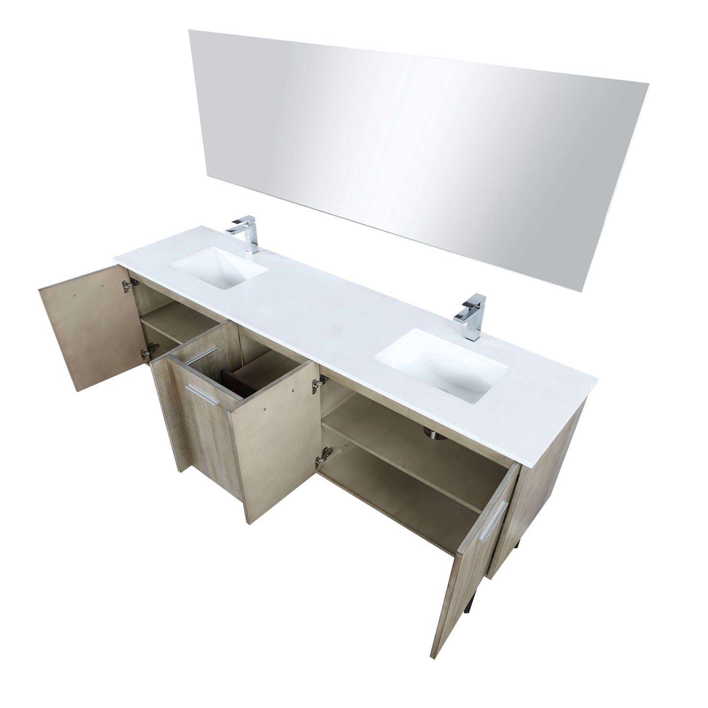 Lancy 80" Rustic Acacia Double Bathroom Vanity, White Quartz Top, White Square Sinks, Labaro Brushed Nickel Faucet Set, and 70" Frameless Mirror - LLC80DKSOSM70FCH